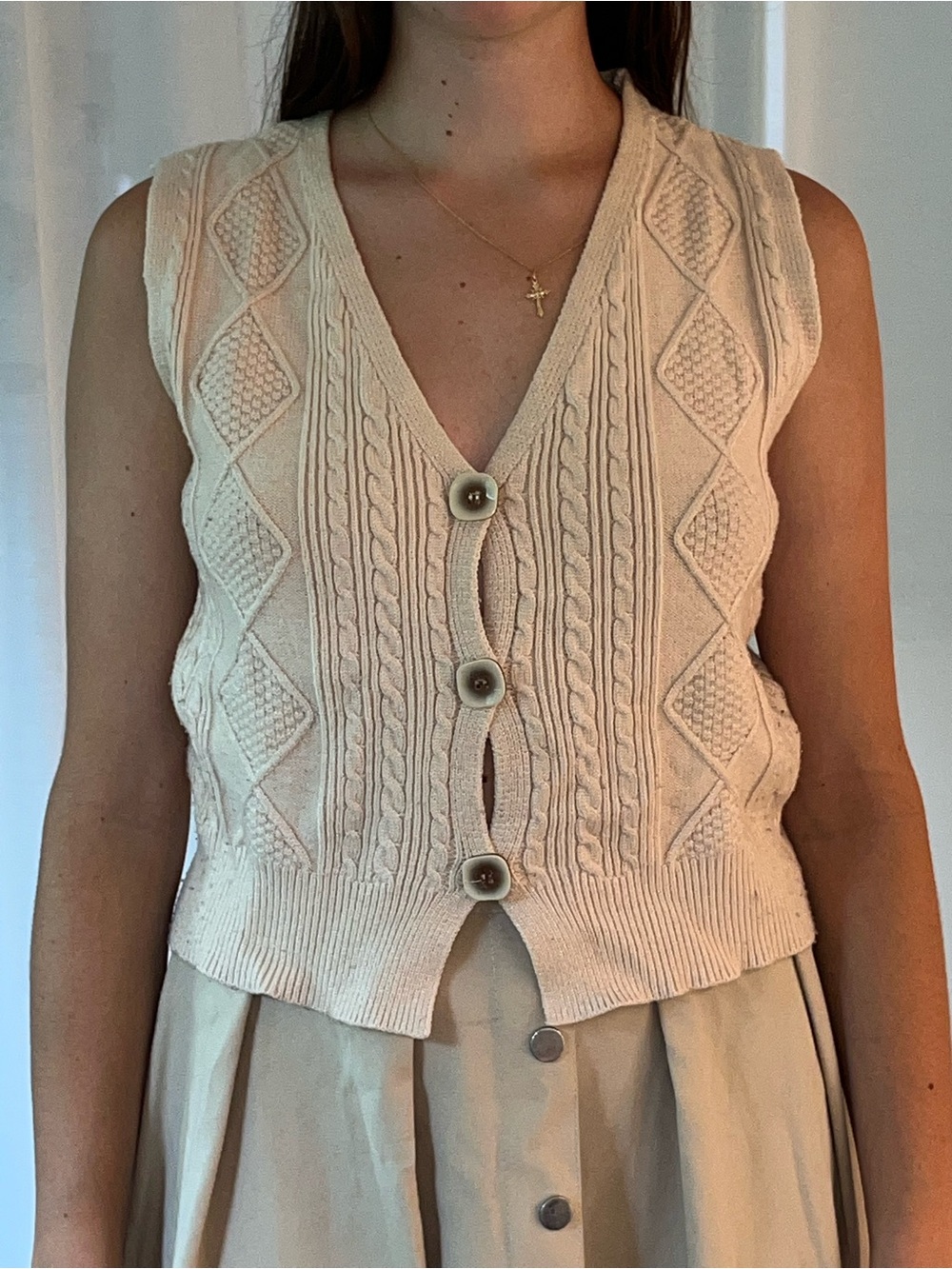 Sleeveless Cream Cable Knit V-Neck Button Front Sweater Vest